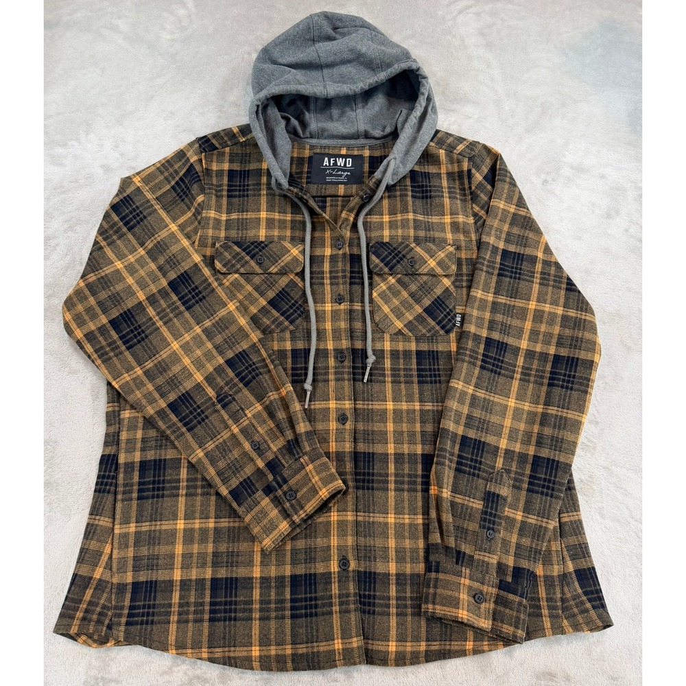 Alpha Forward Womens Button Down‎ Hooded Plaid Flannel Shirt Pockets Size XL